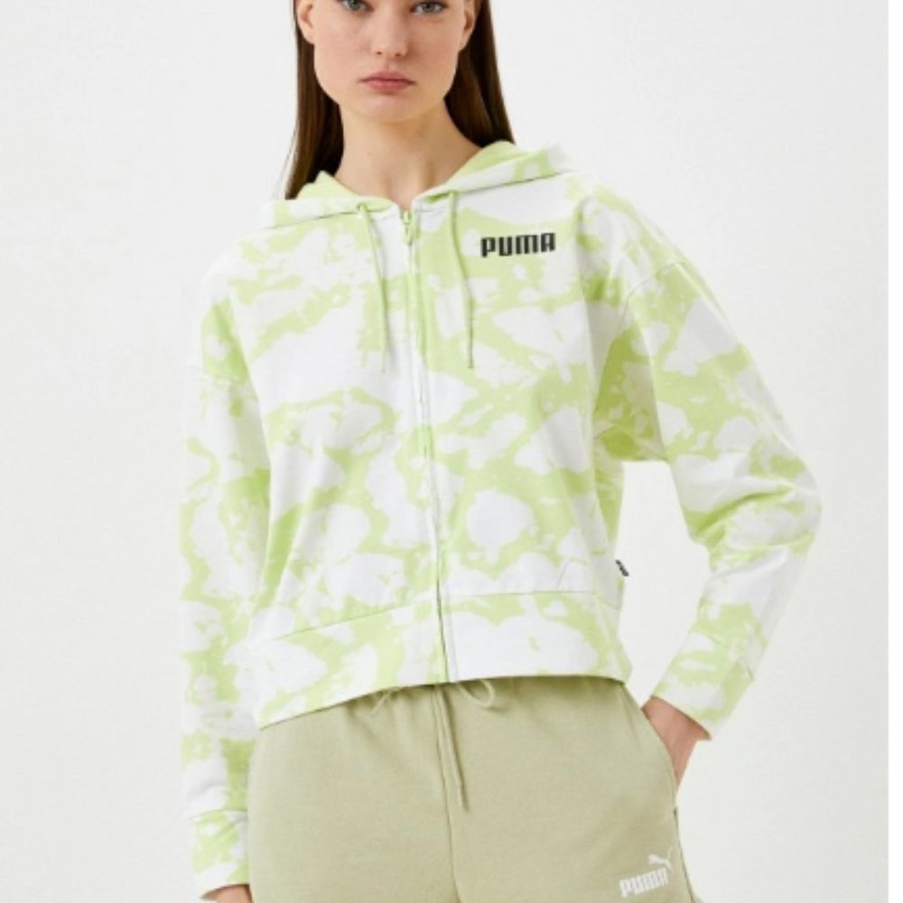 Puma Full Zip Neon Green Casual Outerwear Cropped Hoodie Size small
